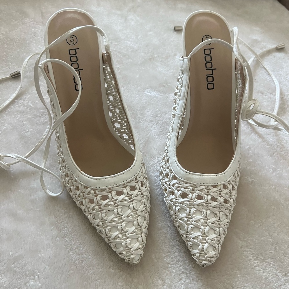 White Lattice High Heels with ankle ties